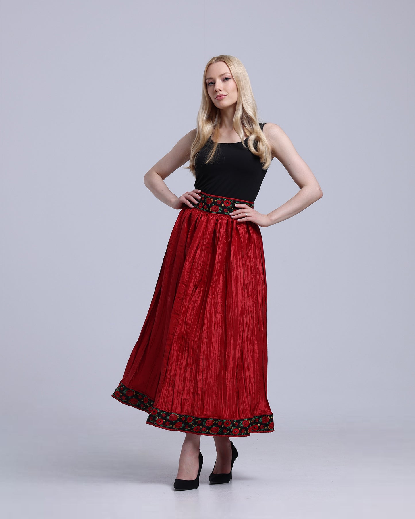 LA REINE - Red Crinkled Satin Midi Skirt