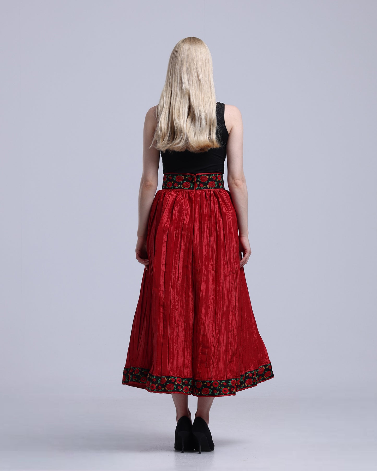 LA REINE - Red Crinkled Satin Midi Skirt
