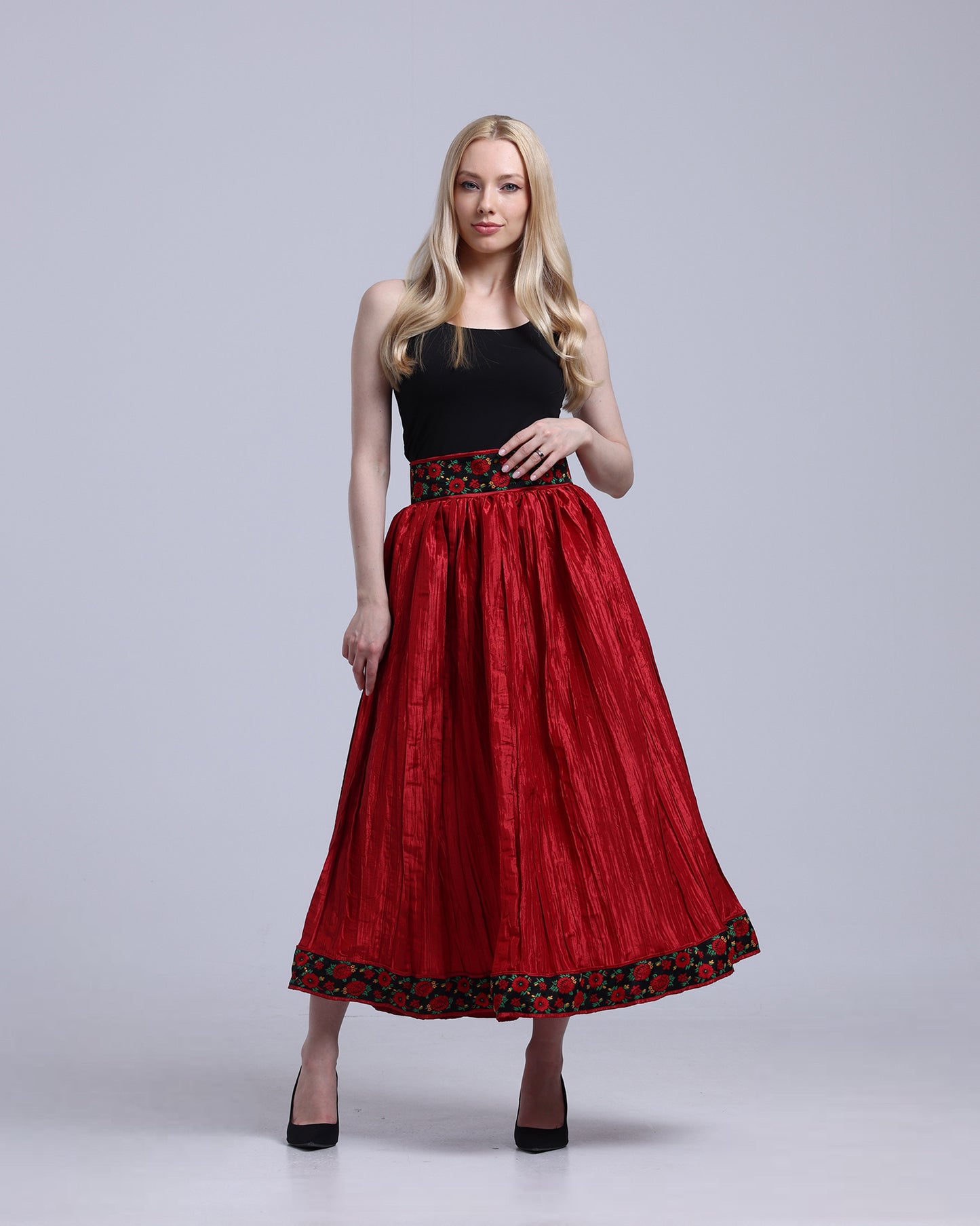 LA REINE - Red Crinkled Satin Midi Skirt