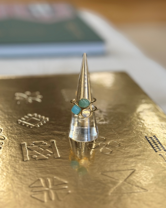 TREASURES OF BRAZIL - Moonstone & Blue Sky & Green Quartz Adjustable Ring