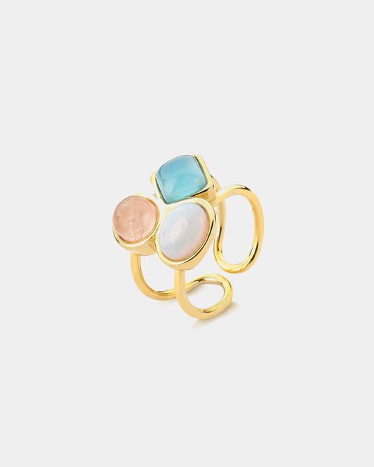 Moonstone & Blue Sky & Green Quartz Adjustable Ring