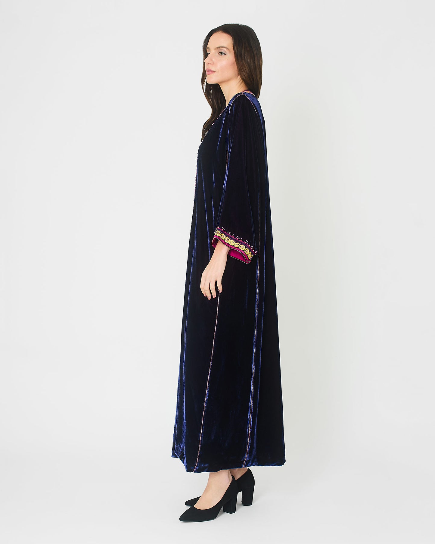 Deep Purple Velvet Abaya With Gold and Pink Embroidered Trim