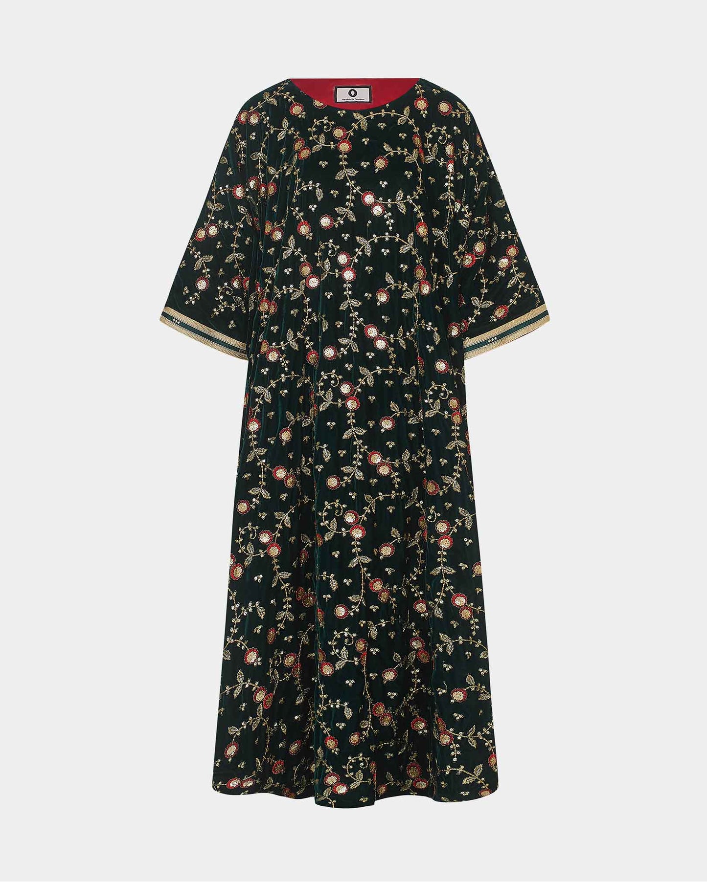 Dark Green Velvet Kaftan With All Over Embroidery and Red Lining