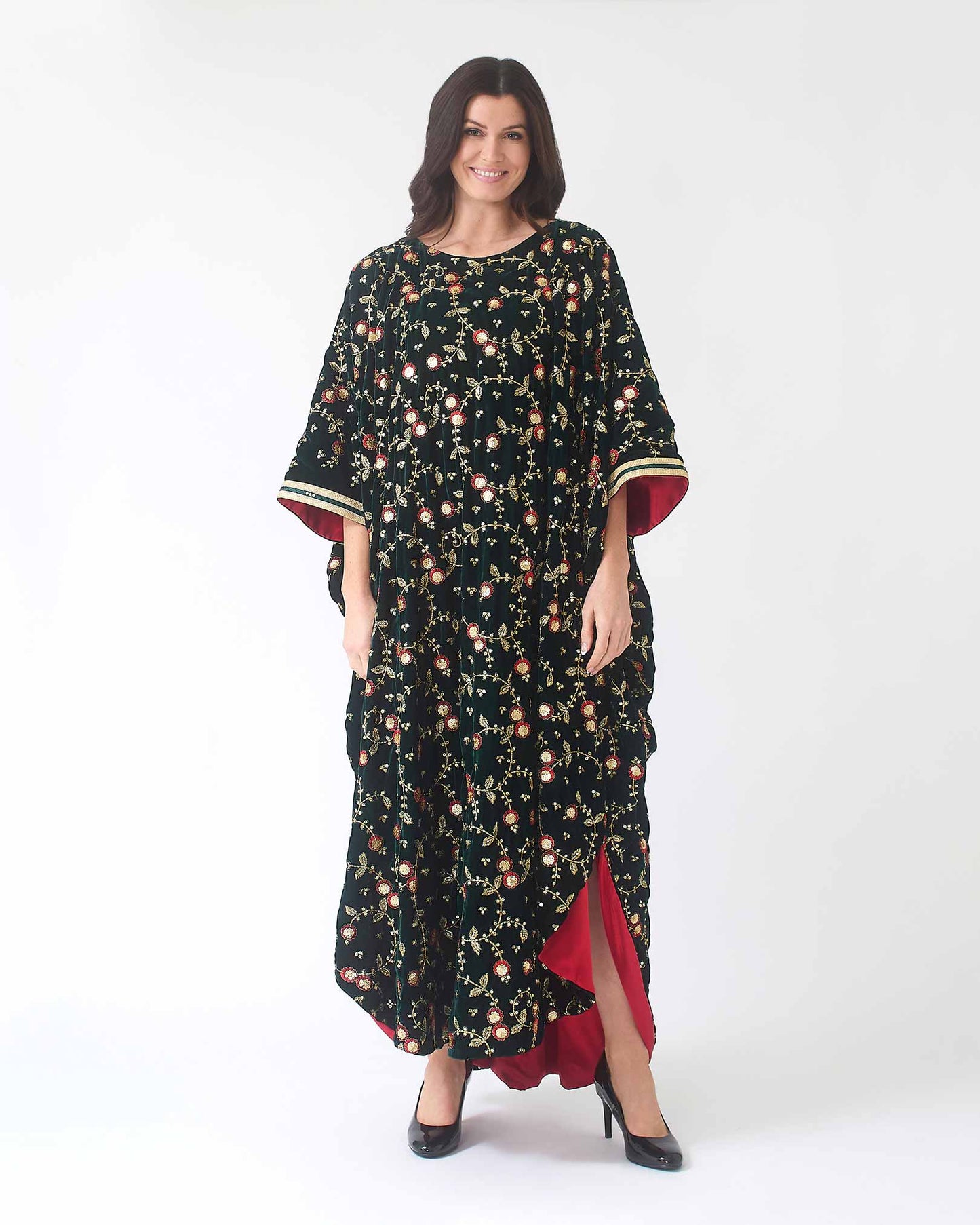 Dark Green Velvet Kaftan With All Over Embroidery and Red Lining Yarakech