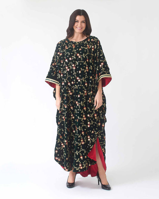 Dark Green Velvet Kaftan With All Over Embroidery and Red Lining Yarakech