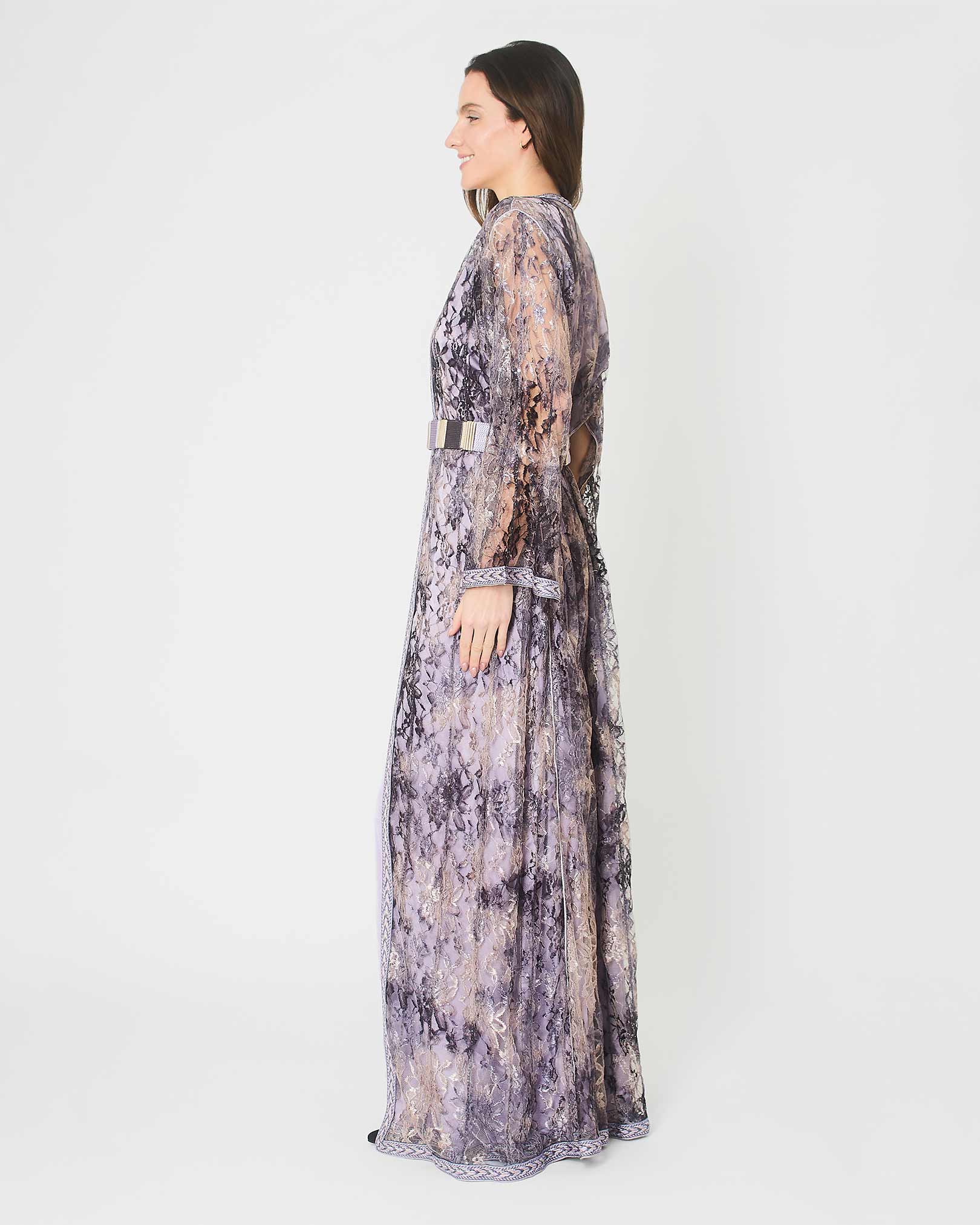 Lavender Lace Two-Piece Kaftan With Belt by Yarakech