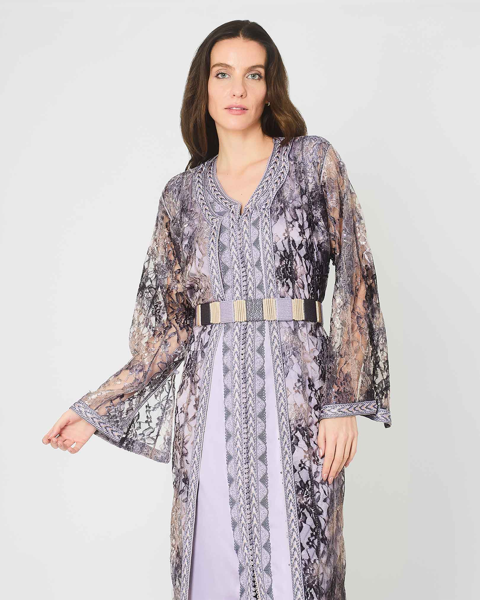 Lavender Lace Two-Piece Kaftan With Belt