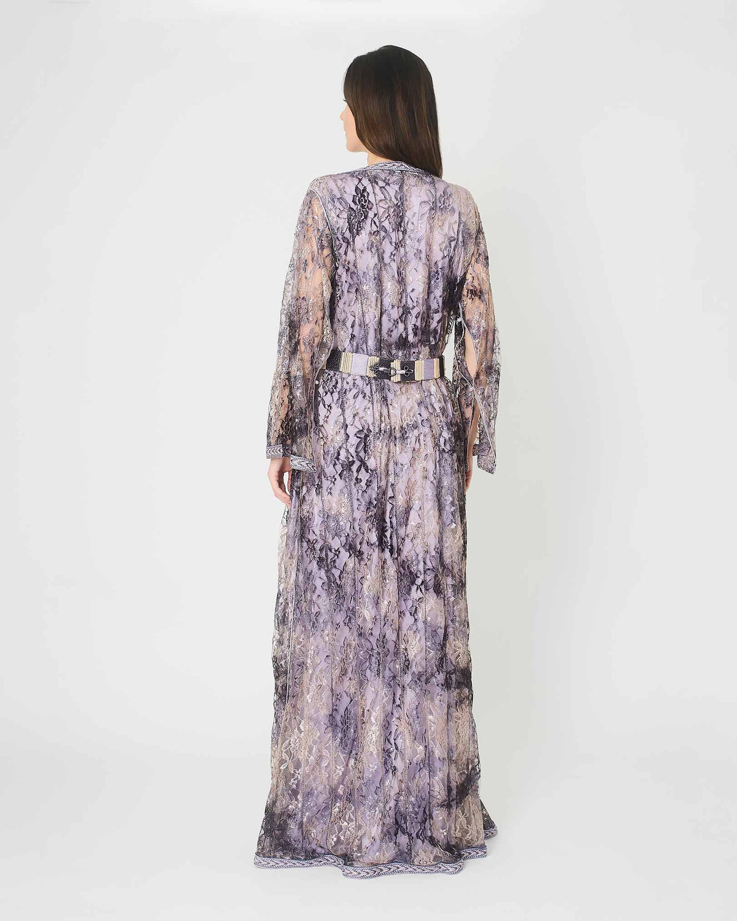 Lavender Lace Two-Piece Kaftan With Belt from Back