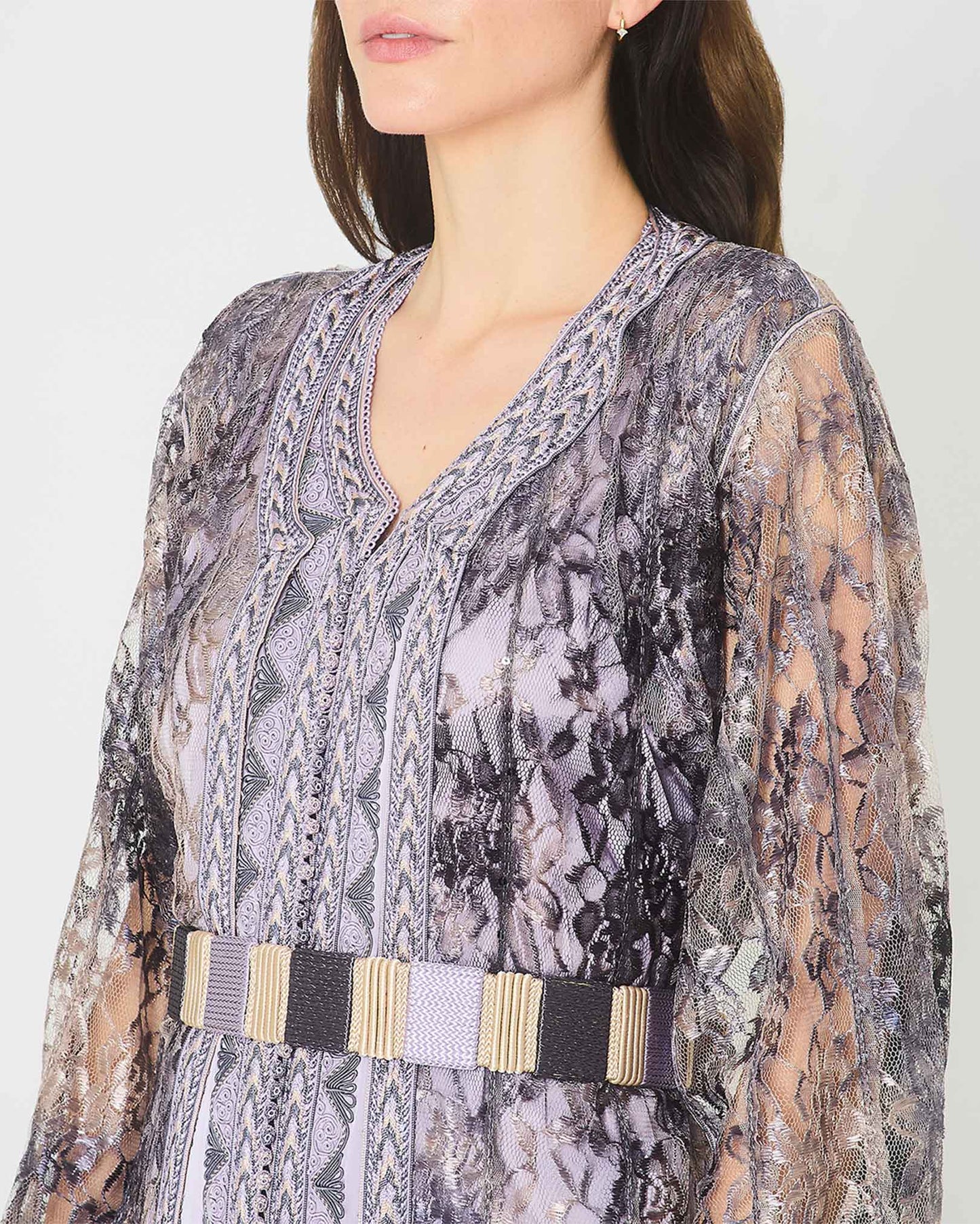 Lavender Lace Two-Piece Kaftan With Belt Close-Up