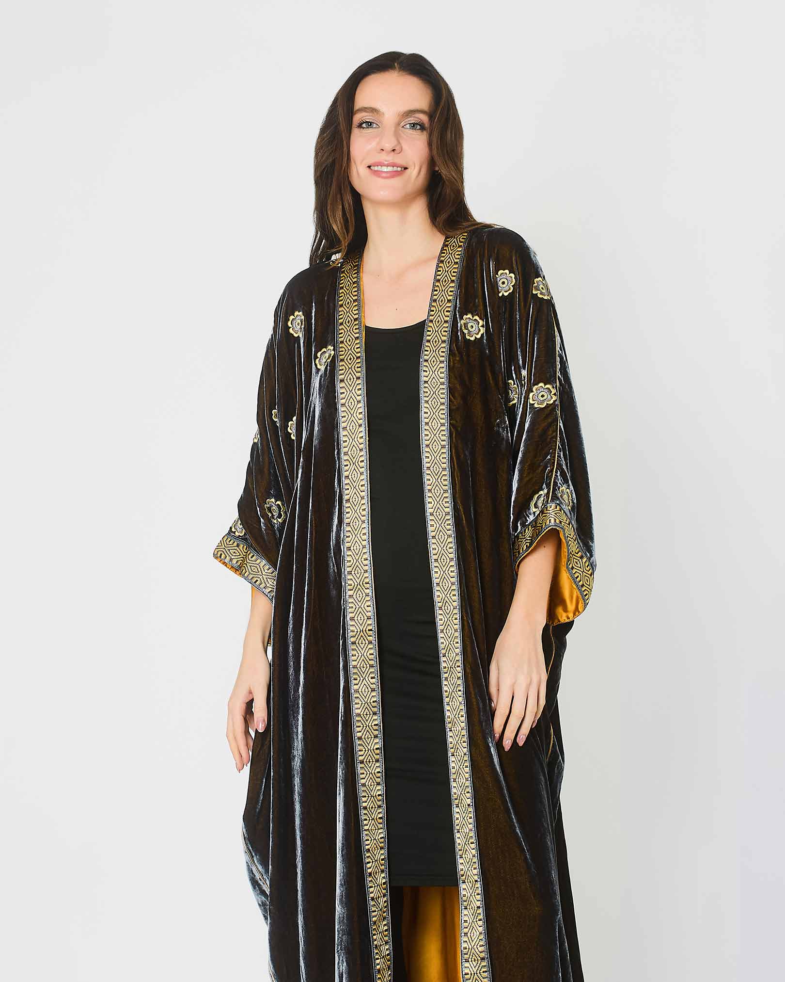 Elegant Grey Velvet Abaya with Floral Embroidery