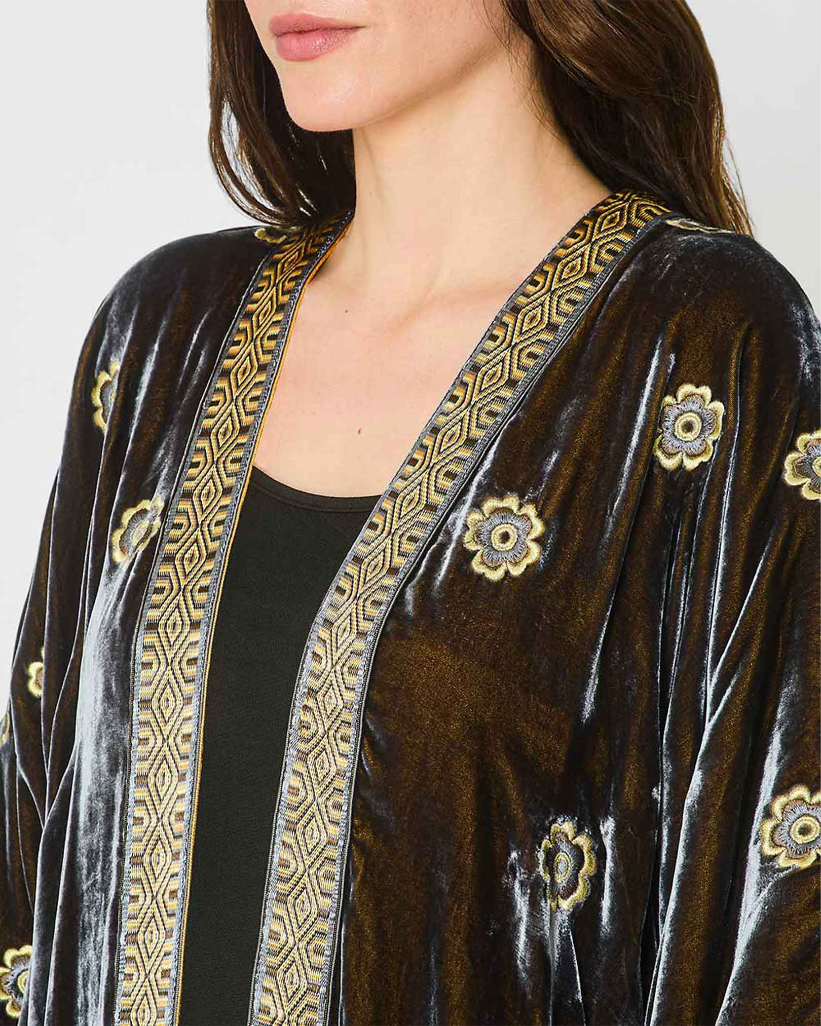 Grey Velvet Abaya with Floral Embroidery Close-Up