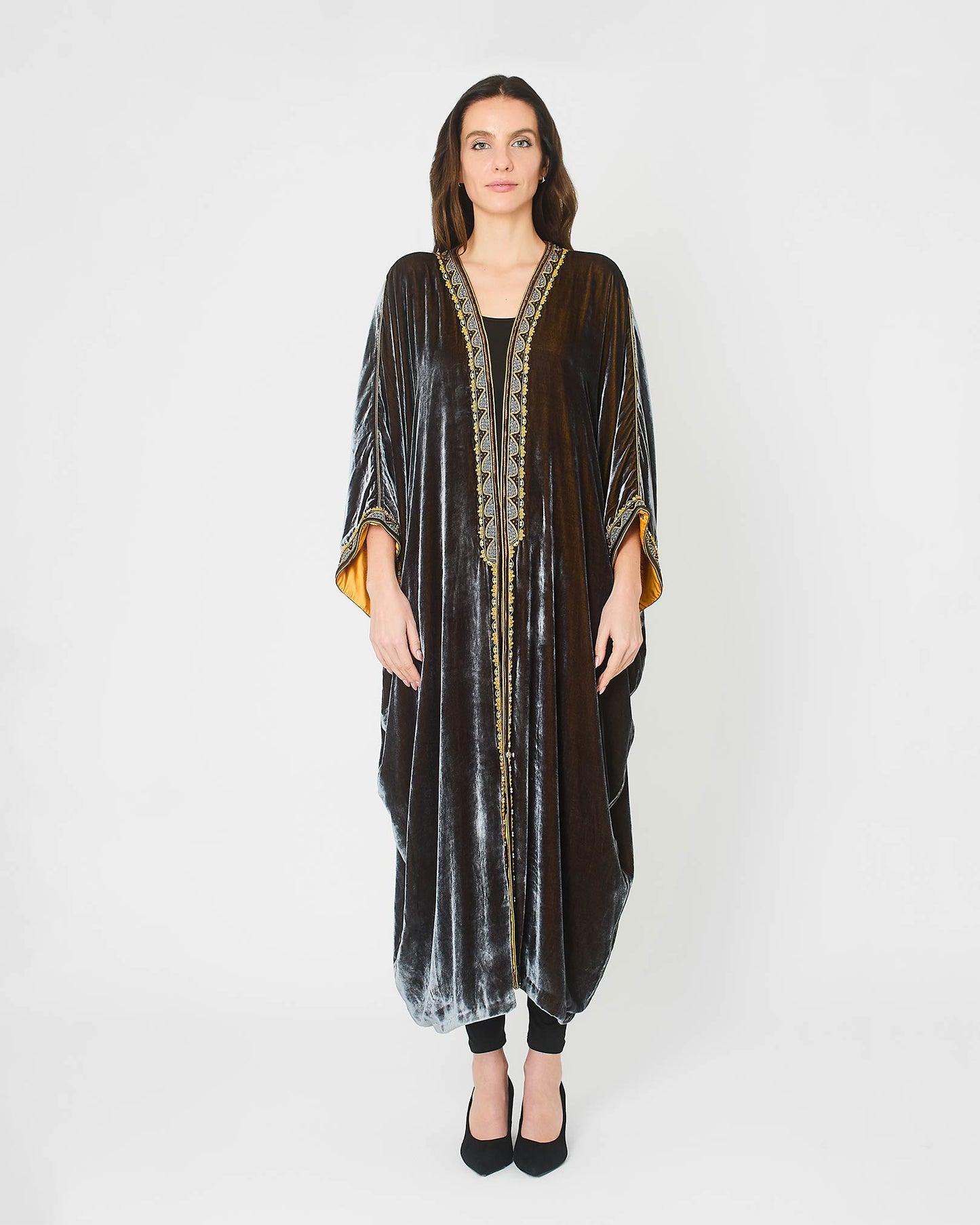 Grey Velvet Abaya with Yellow Embroidery