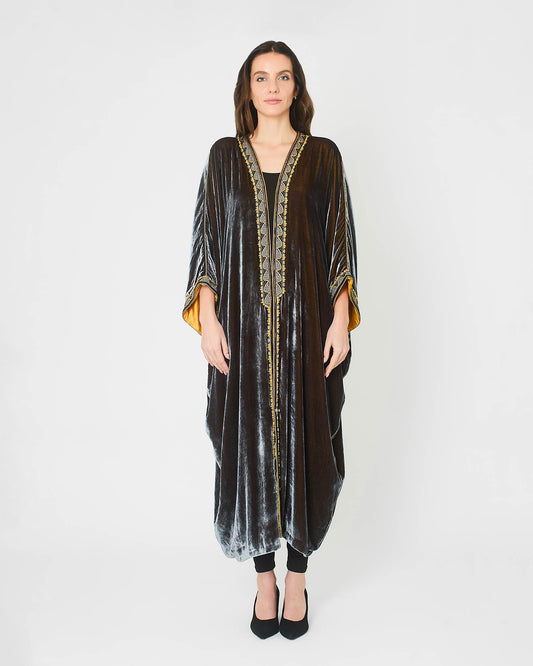 Grey Velvet Abaya with Yellow Embroidery