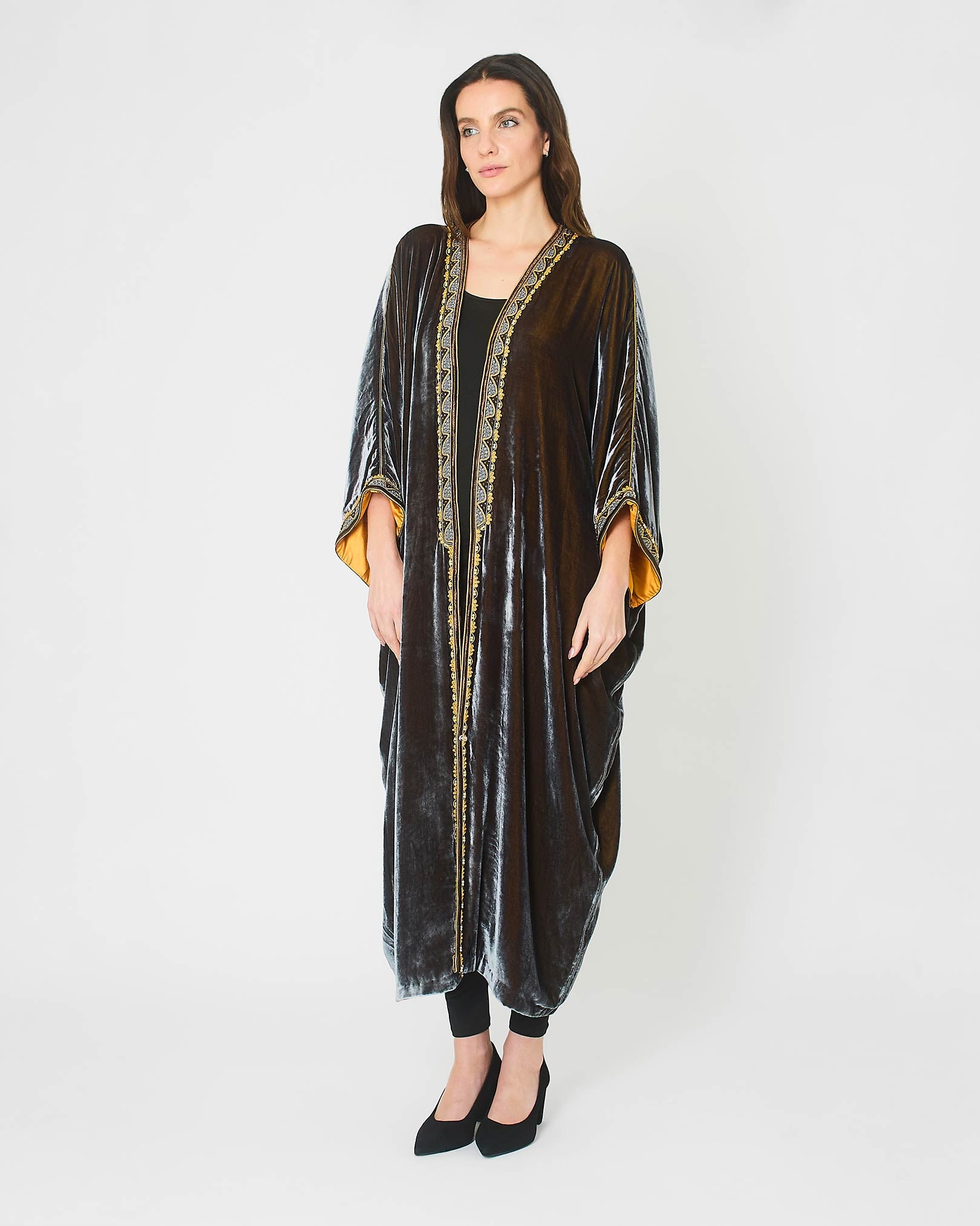 Yarakech Grey Velvet Abaya with Yellow Embroidery