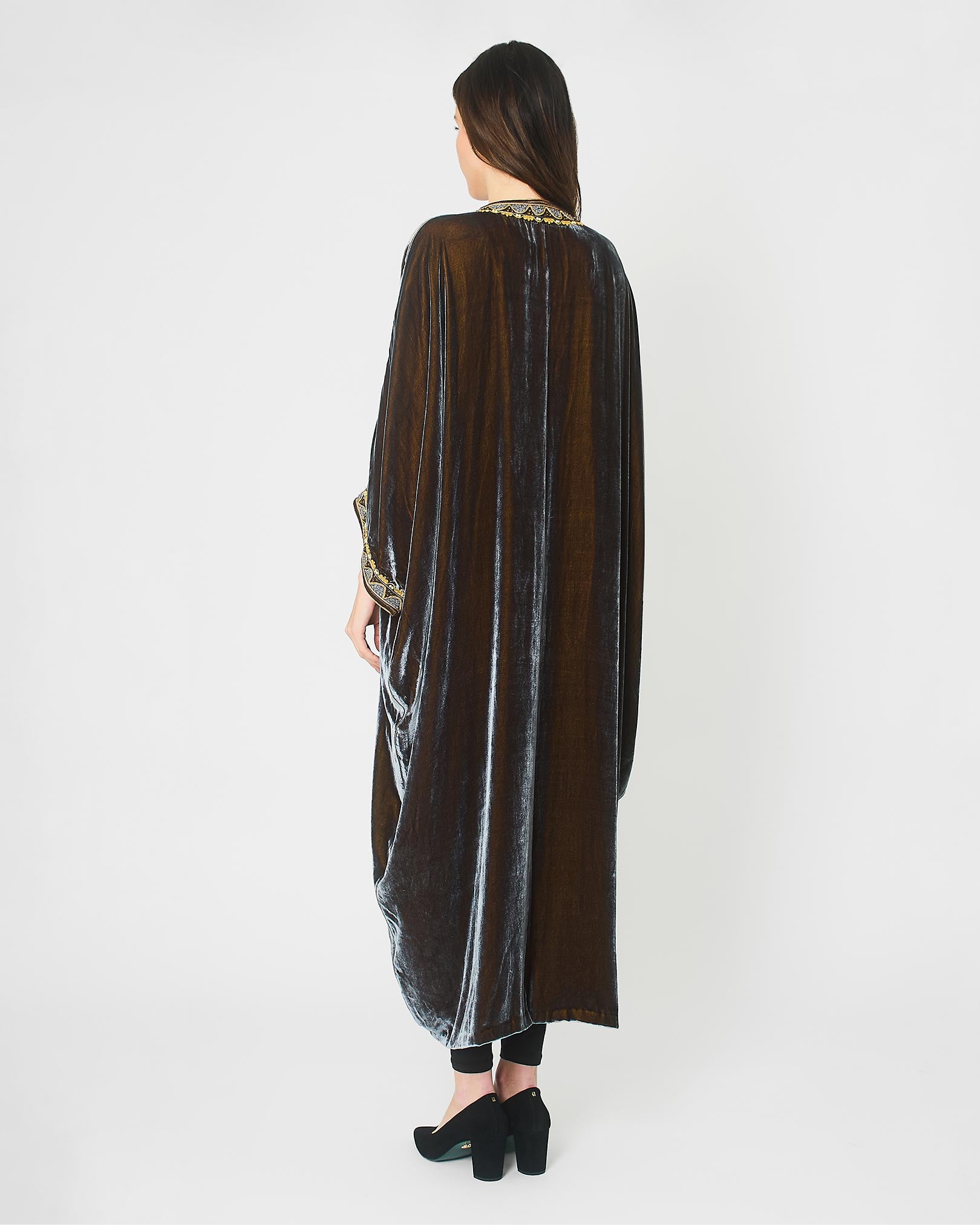 Yarakech Grey Velvet Abaya with Yellow Embroidery Back