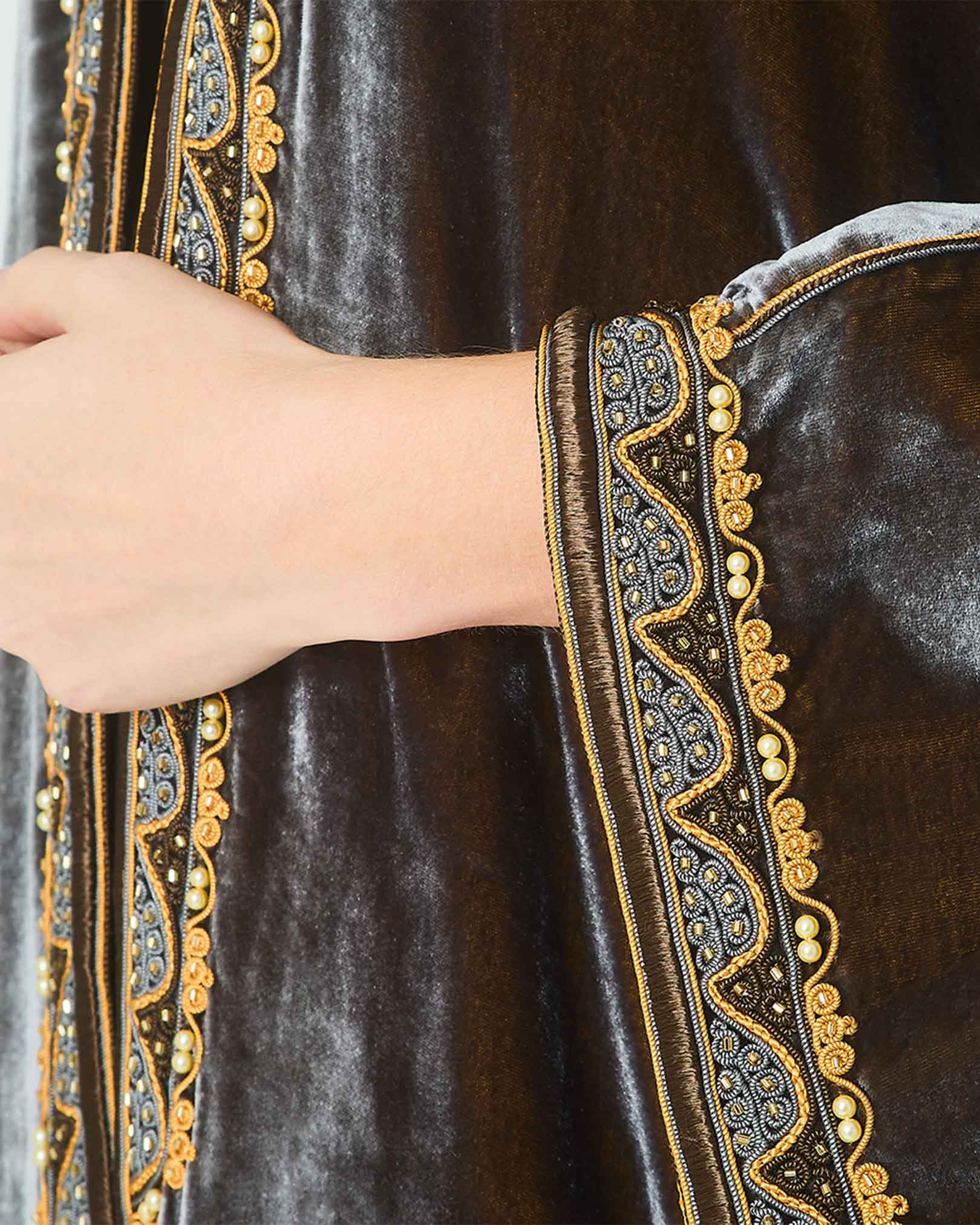 Grey Velvet Abaya with Yellow Embroidery Front & Cuffs by Yarakech