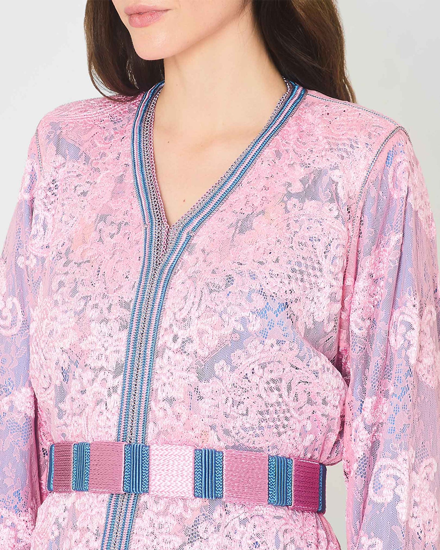 Yarakech Two-Piece Layered Kaftan Blue Base Textured Pink Over-kaftan