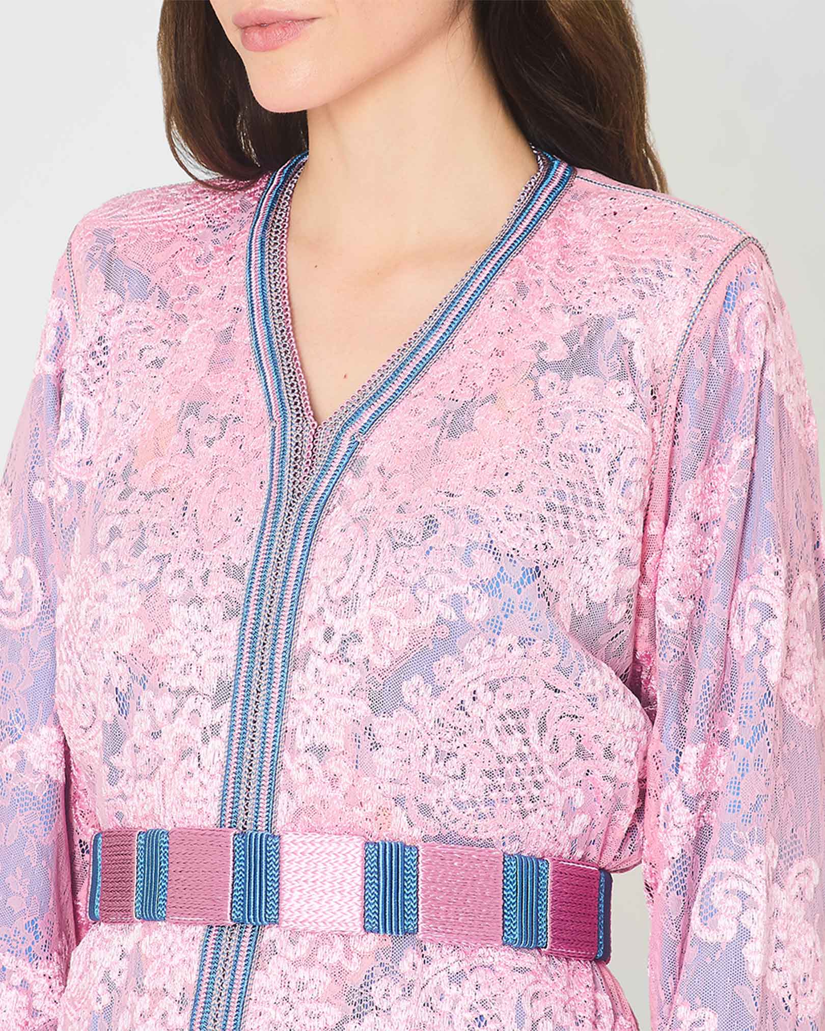 Yarakech Two-Piece Layered Kaftan Blue Base Textured Pink Over-kaftan