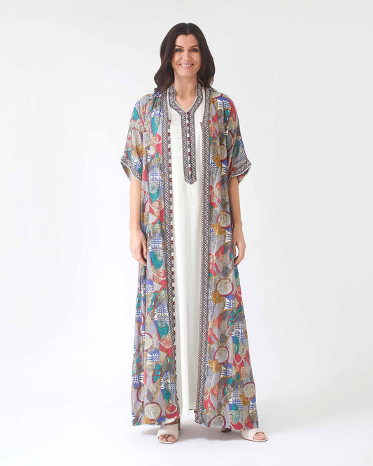 YARAKECH - Two-Piece Moroccan Kaftan with Metallic Printed Overlay