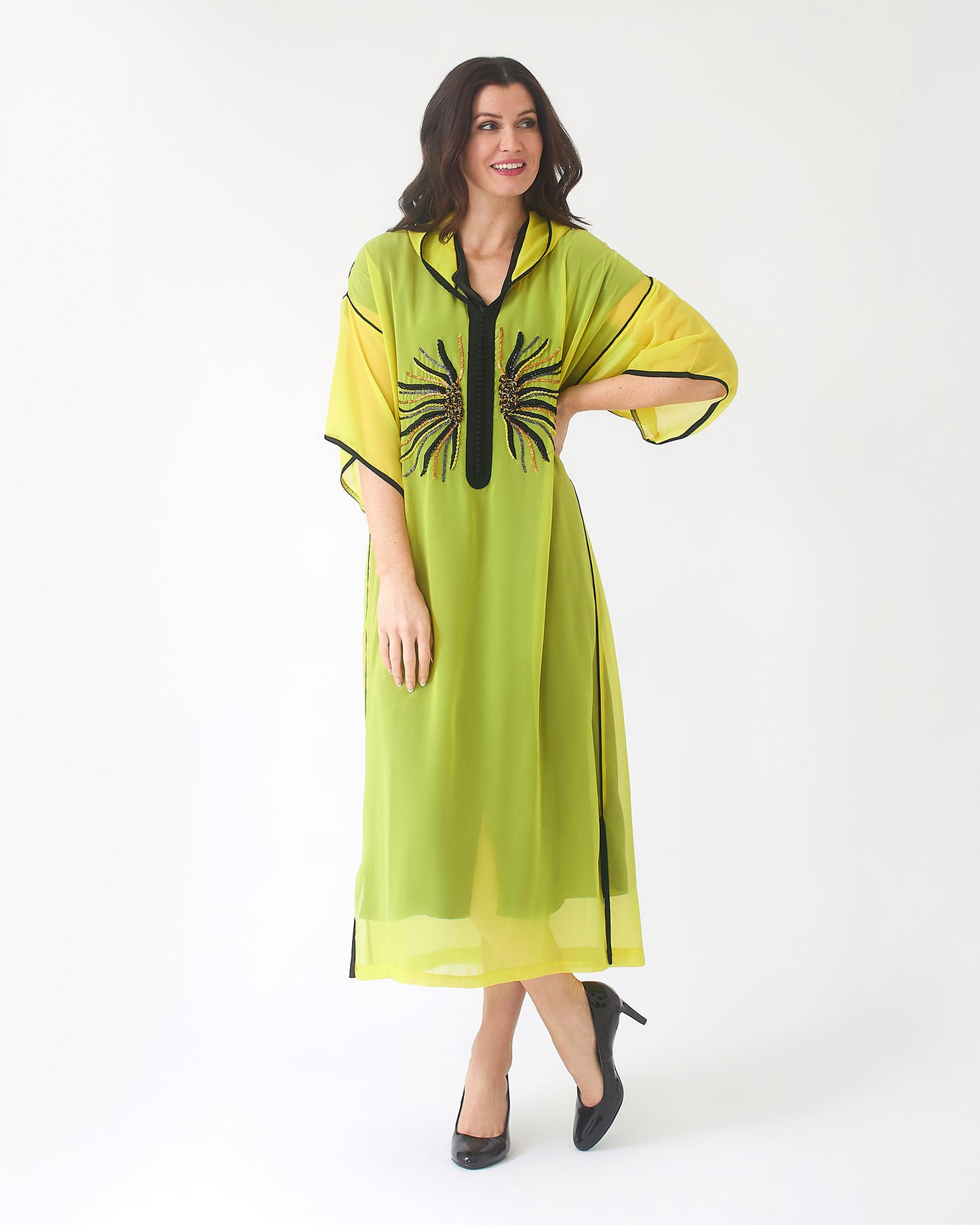 Yarakech - Embroidered Sheer Moroccan Kaftan with Hood